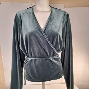 Madewell Top Womens Size XXL Criss Cross Self Tie Velour Blue Green VNeck Adjust